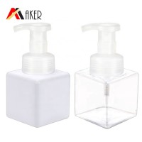 In stock square white and clear 250ml PET plastic cosmetic hand wash liquid soap botte with foam pump