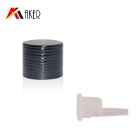 Wholesale 18mm black ribbed aluminum covered screw cap with plastic orifice reducer for cosmetic glass essential oil bottle